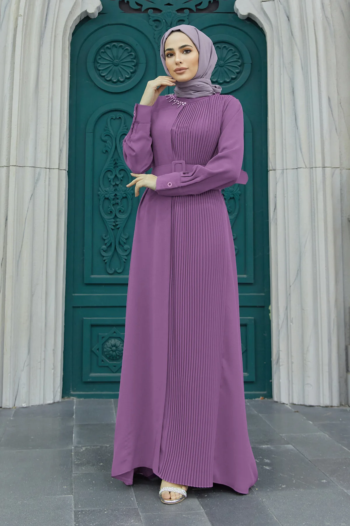 

Eid Islamic Abaya Pleated Kaftan Women Muslim Maxi Dress Ramadan Djellaba Arabic Robe Jalabiya Marocain Caftan Belted Party Gown