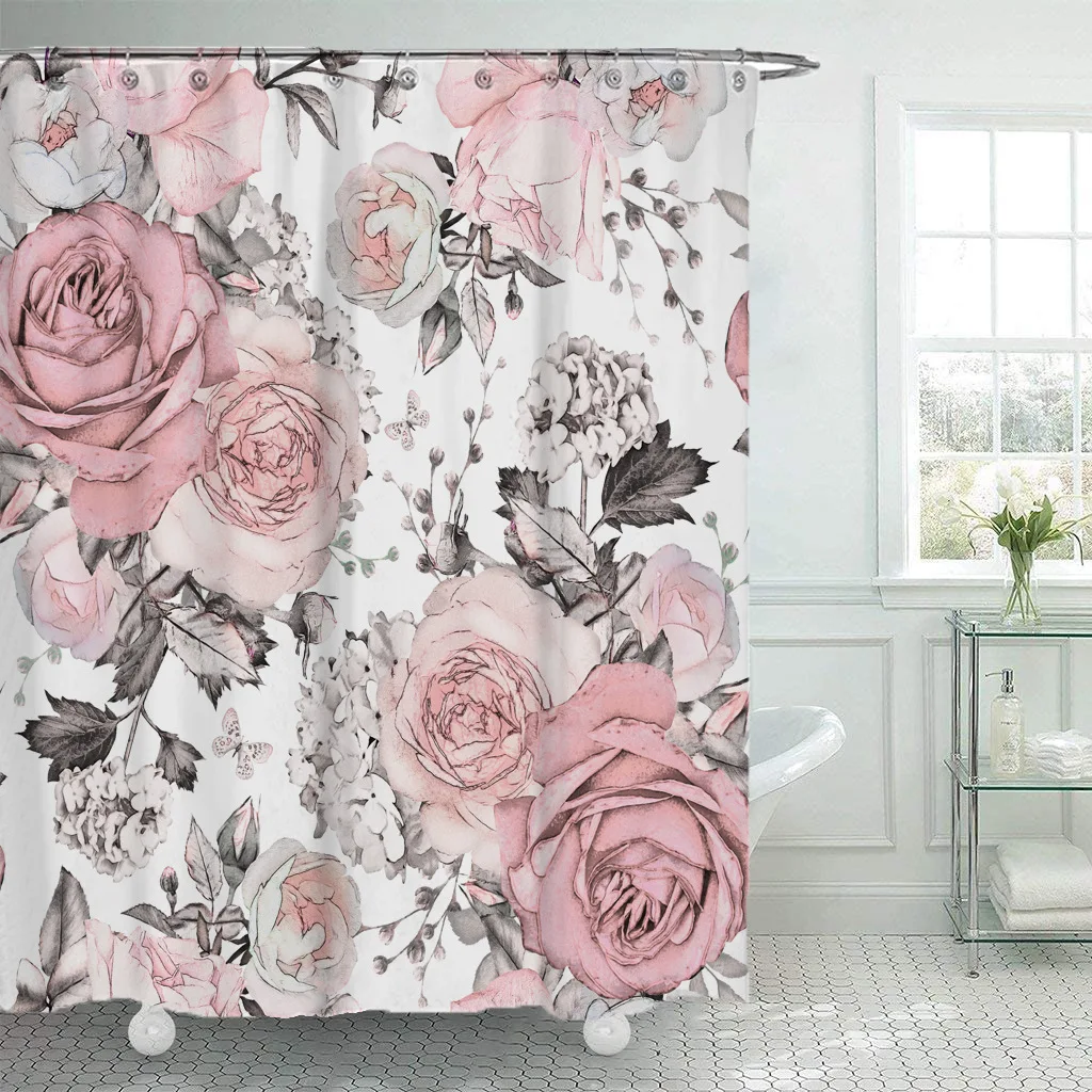 

Bathroom Decoration Pink Flowers Watercolor Flower Shower Curtain Set Polyester Waterproof Bathroom Curtains Cortina Ducha Baño