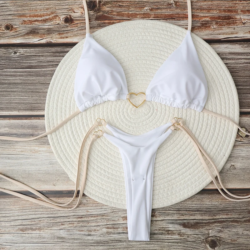 Women's Sexy Brazilian Bikini Set Halter Triangle Top Thong Bottom Two-Piece Swimsuit Heart Bathing Suit Summer Beach Swimwear - 4