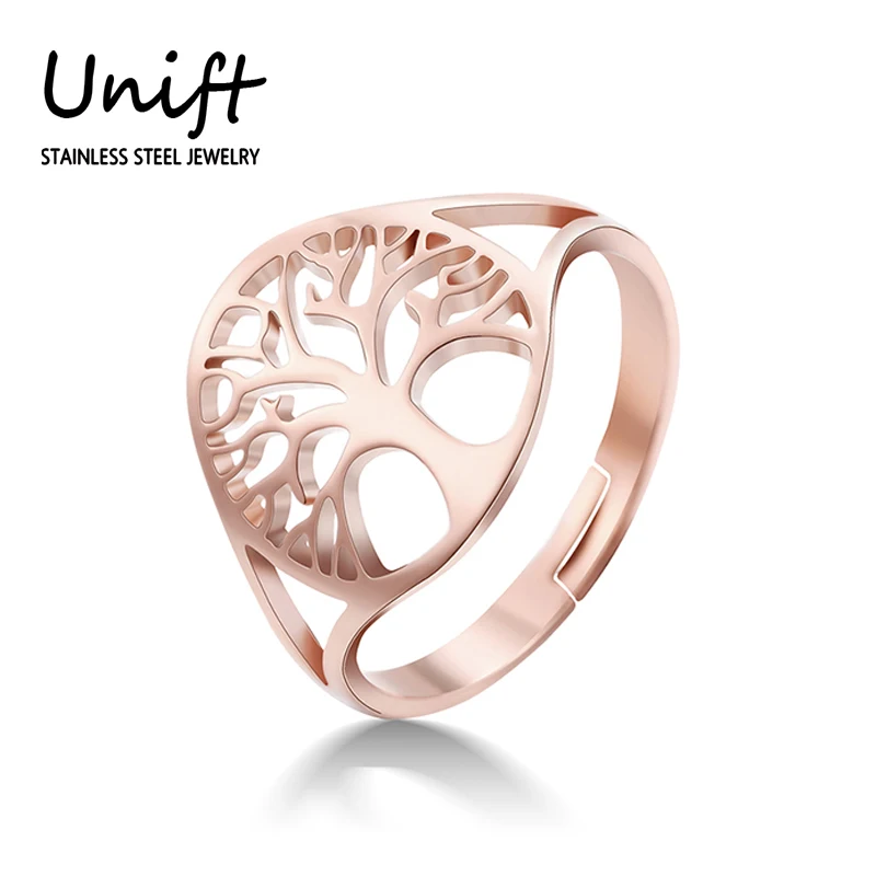 Unift Tree of Life Stainless Steel Rings for Women Vintage Adjustable Finger Ring Wicca Amulet Family Spiritual Jewelry Gift