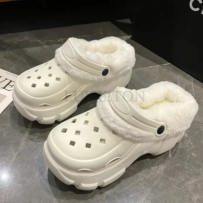 

Winter Warm Slippers for Women Platform Home Cotton Shoes Plush Indoor Ladies Outdoor EVA Thick Bottom Mules 7cm High Heel Clogs