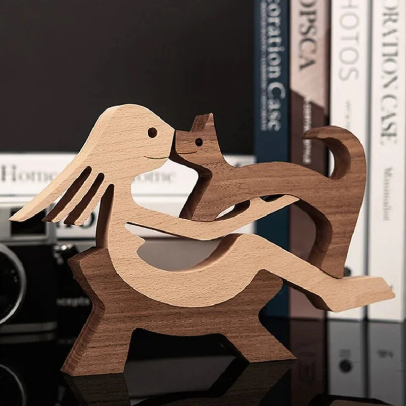 Family Puppy Wood Dog Craft Figurine Desktop Table Ornament Carving Model Home Office Decoration Pet Sculpture Christmas Gift