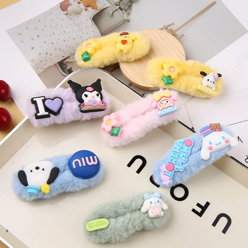 

Sanrio Kuromi Mymelody Cinnamoroll Pompom Purin Plush 5PCS New Children Hair Clips Kawaii Bangs Clip Cartoon Side Clip Cute Gift