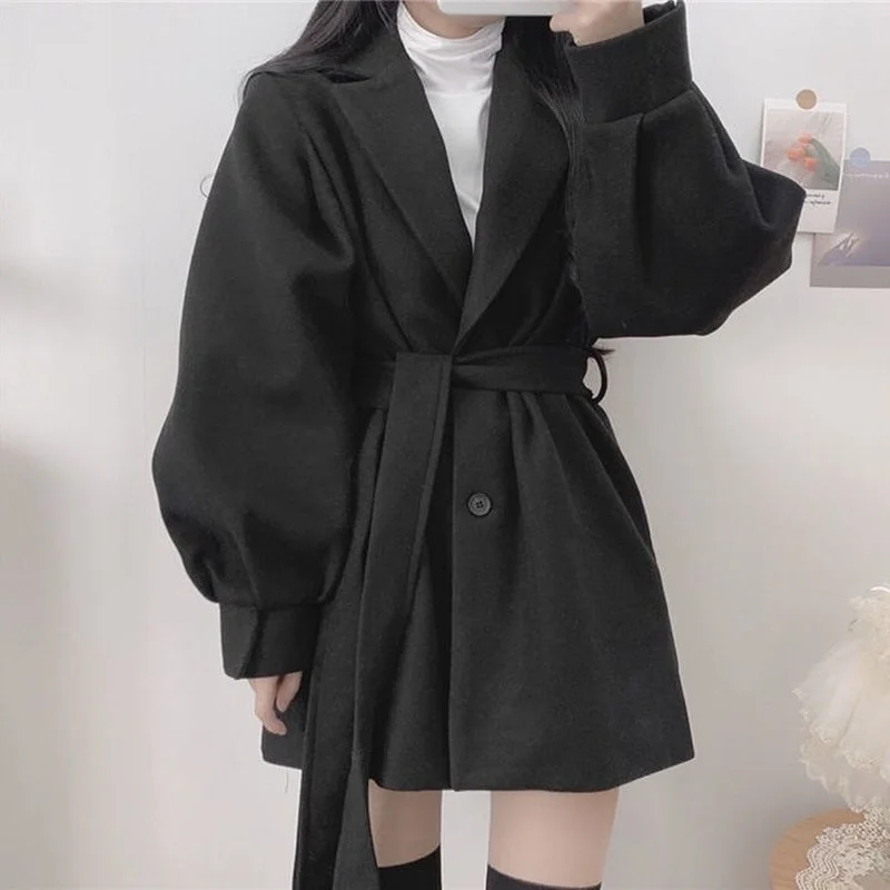 Autumn and Winter Fashion Wool Blended Black Long-sleeved Lapel Coat Women's Belt Slim Korean Coat All-match Women's Clothing