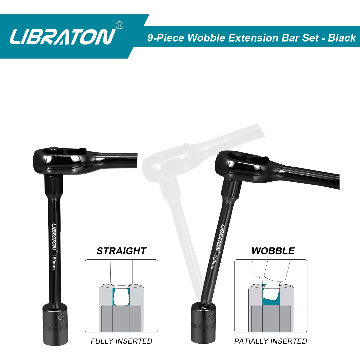 Libraton 9Pcs Wobble Socket Extensions Set, Ratchet Extensions 1/4" 3/8" 1/2", Wobble Extensions, Drive Socket Extension 3