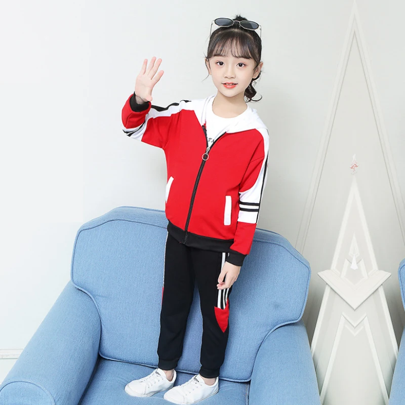 

Children's clothing suits fashion color-blocking hooded sports sweater jacket sports pants 4-12 y CUHK kids girl quality garment