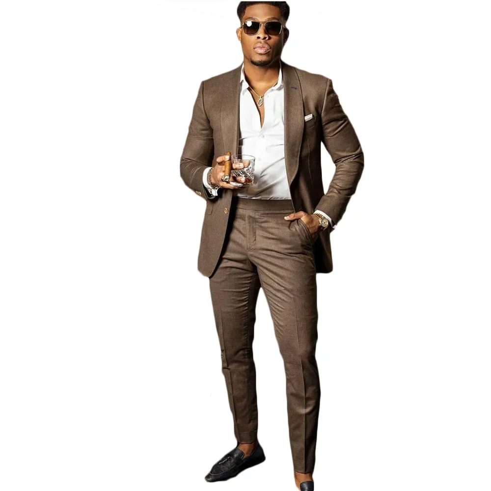 2024 Fashion Brown Casual Men Suits Tuxedo High Quality Slim Fit Jacket Pants For Men Custom Business 2 Piece Set Costume Homme