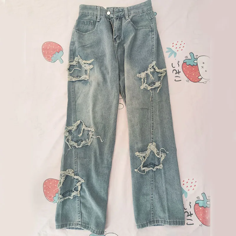 

Women Retro Jeans High Waist Distressed Blue Trousers Straight 2023 Hot Sale Street Style Y2K Wear-resistant Patch Star Pattern