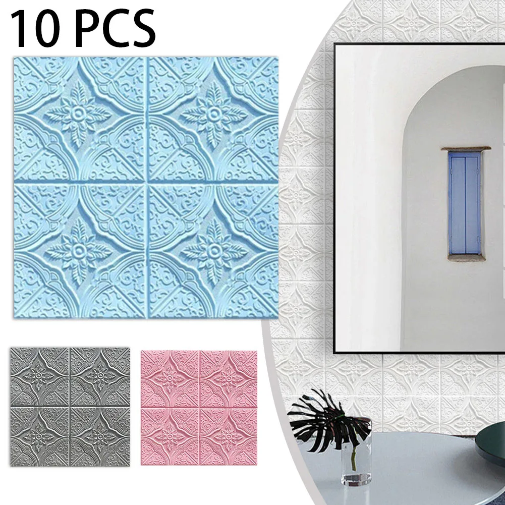 

10pcs 3D Tile Three-dimensional Wall Stickers Self-adhesive Wall-Paper Anti-collision Decorative Stickers