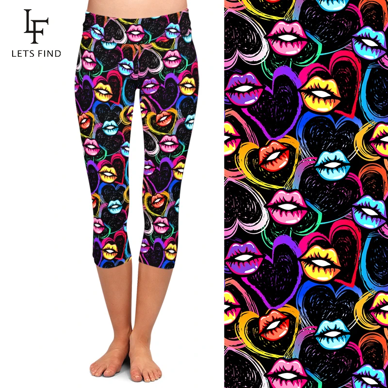 LETSFIND Sexy Women Legging LIPS Printing Capri Leggings High Waist Elasticity Slim Mid-Calf 3/4 Leggings  Female Pants
