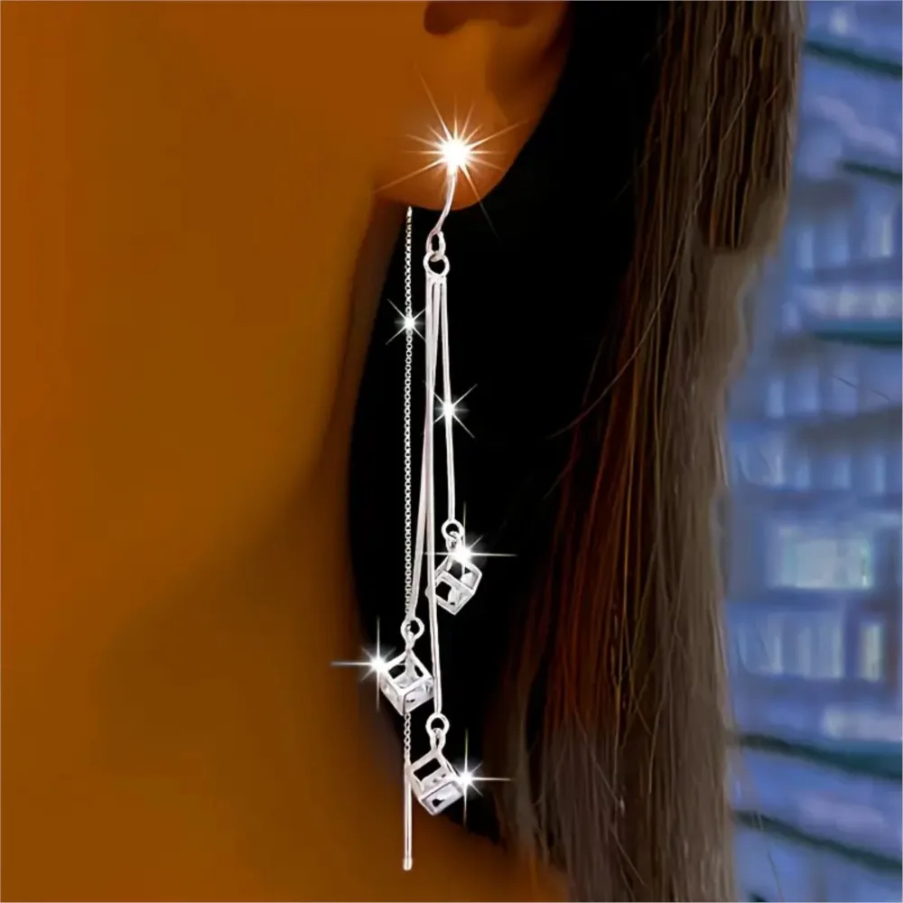 Silver Color Long Tassel Square Rhinestone Earring for Women Classic Style Durable Earrings Wedding Jewelry Gifts