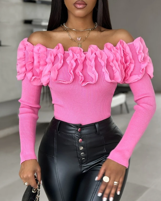 

Sexy Sweater for Women New Knitted Spring Autum 2023 Slash Neck Lace Floral Pattern Ruffles Long Sleeve Knit Sweater Pullovers