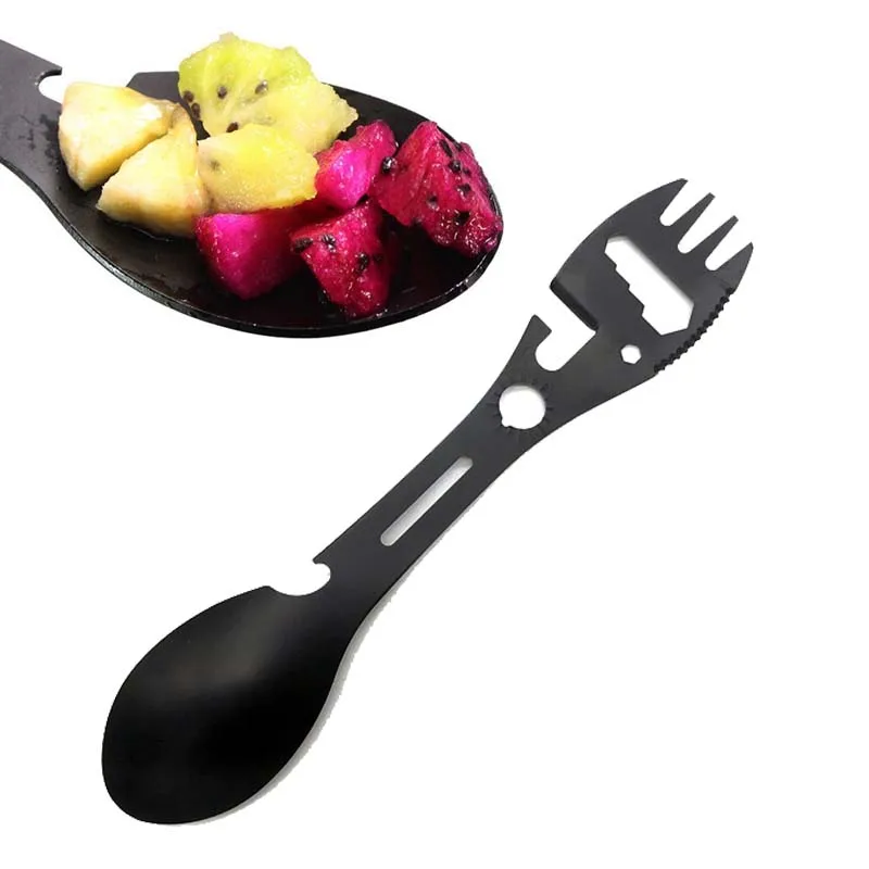 Kit Multiuso Compatto 5-in-1 per Sopravvivenza all'Aperto - Include Coltello, Forchetta, Cucchiaio, Apriscatole e Apribottiglie per Campeggio - immagine 6