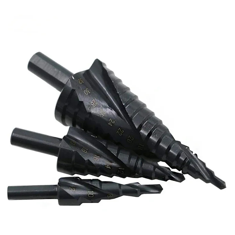 Spiral flute step drill bit black 3 sets Triangular shank nitrided black pagoda drill step drill bit 3PCS