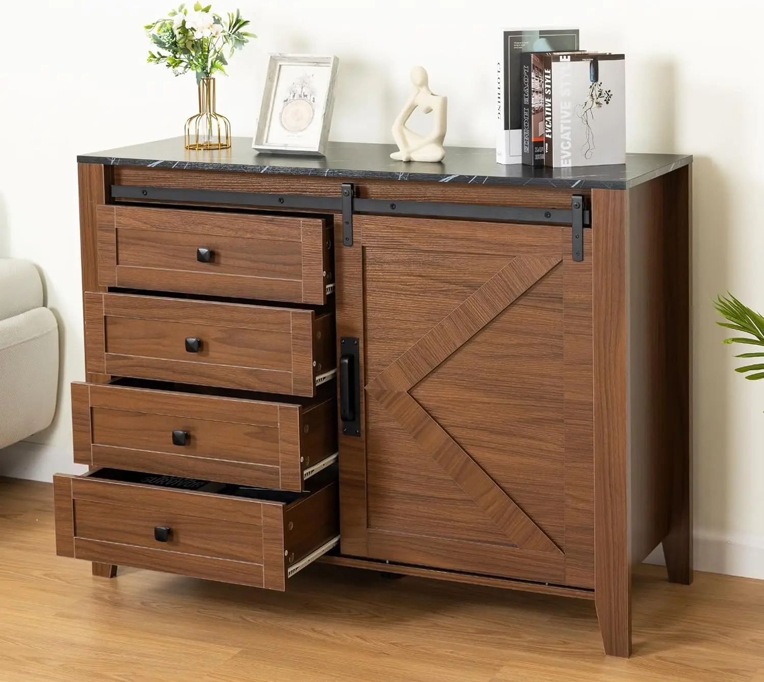 

Комод BUNNYHOME, буфет, бар, Серверная консоль для буфета, шкафы для хранения стола, выдвижная дверь сарая, четыре ящика