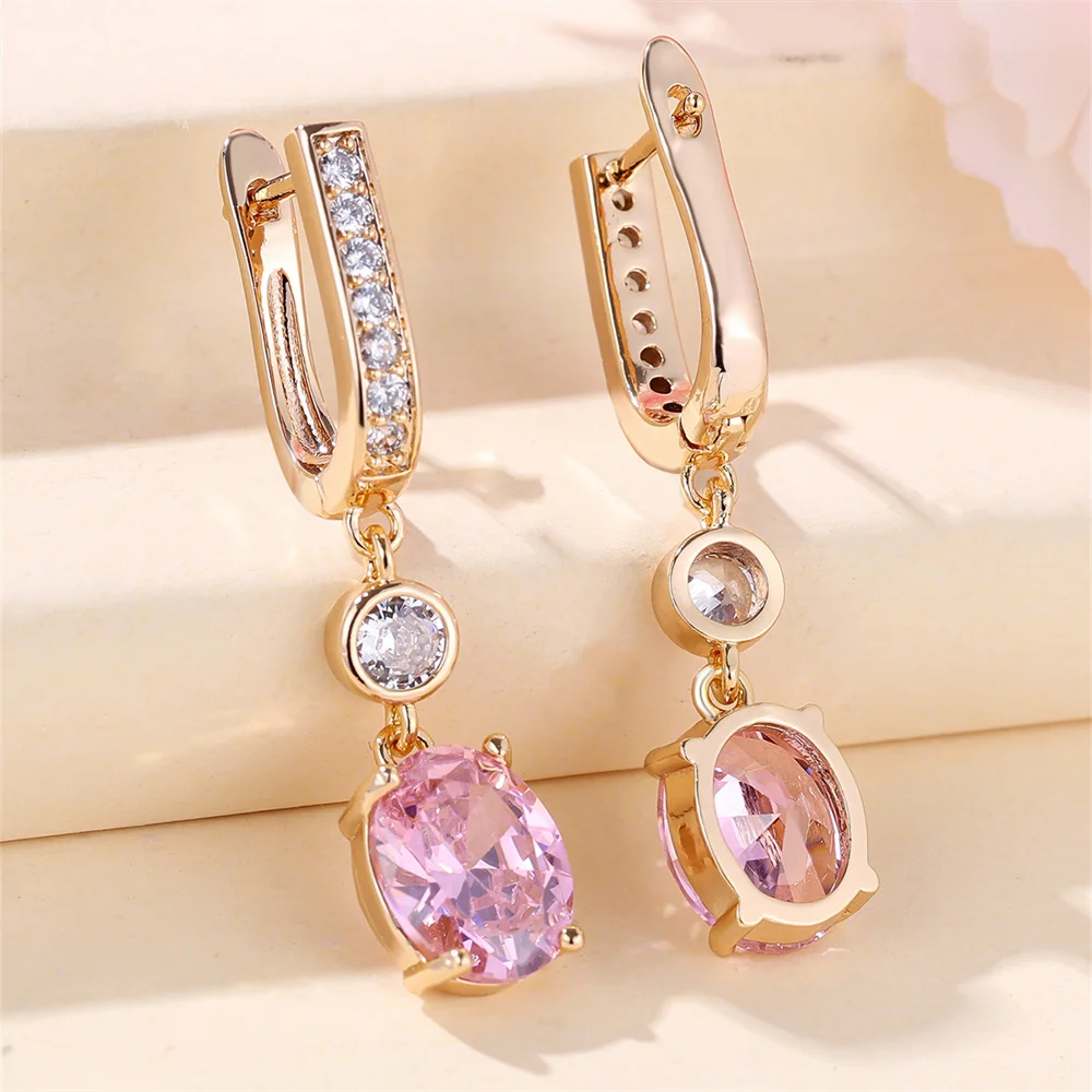 Pink Crystal Oval Stone Pendant White Zircon Hoop Earrings For Women Gold Color Ear Buckle Wedding Jewelry Engagement Party Gift