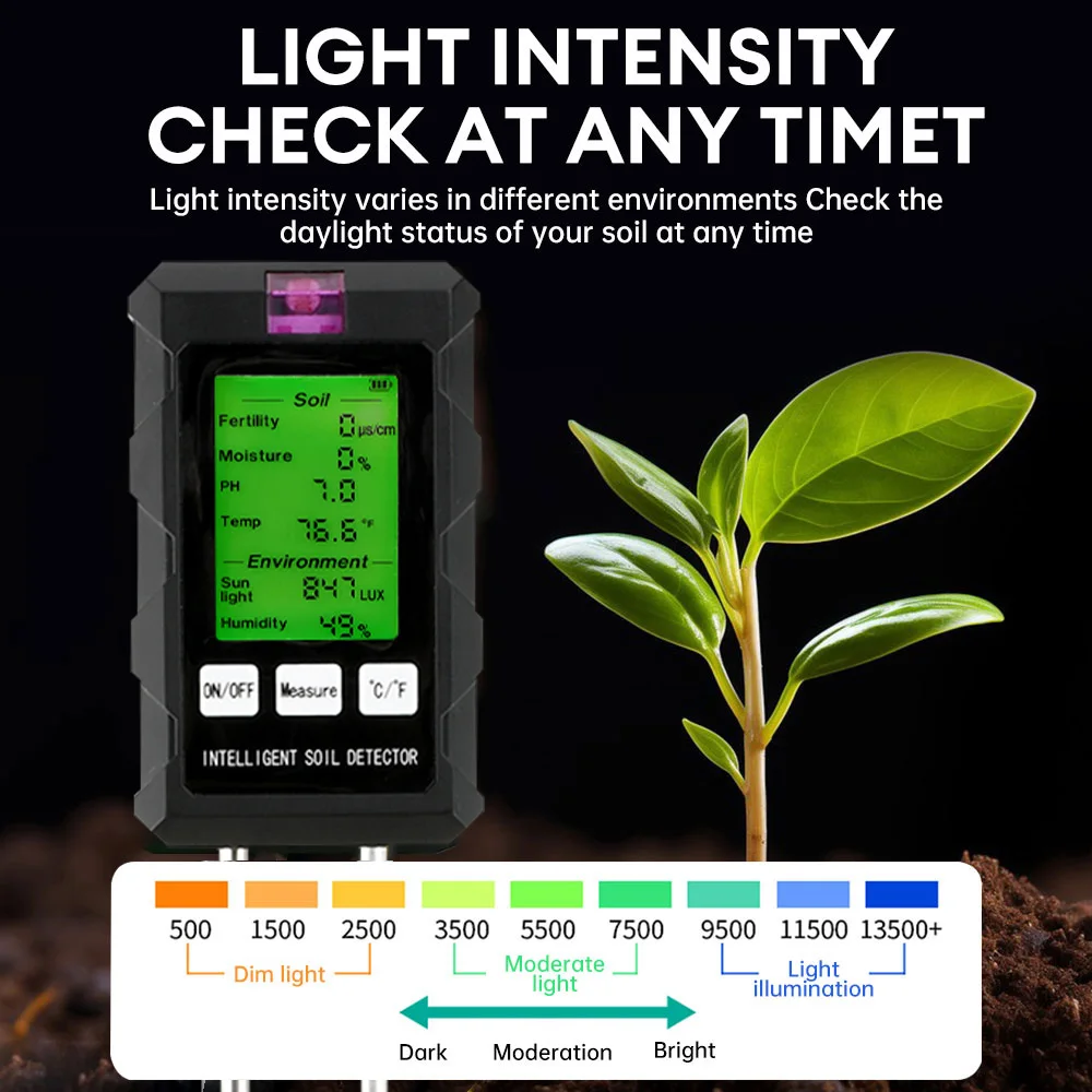6-in-1 Soil Tester For pH Moisture Light Temperature Fertility Humidity/Rotatable Screen/Battery Powered