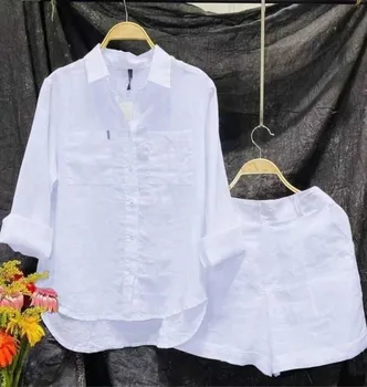 2024 Fashion White Long Sleeve Women Shirts And Shorts Two Piece Sets Summer Pocket Casual Home 2 Piece Set For Women 1