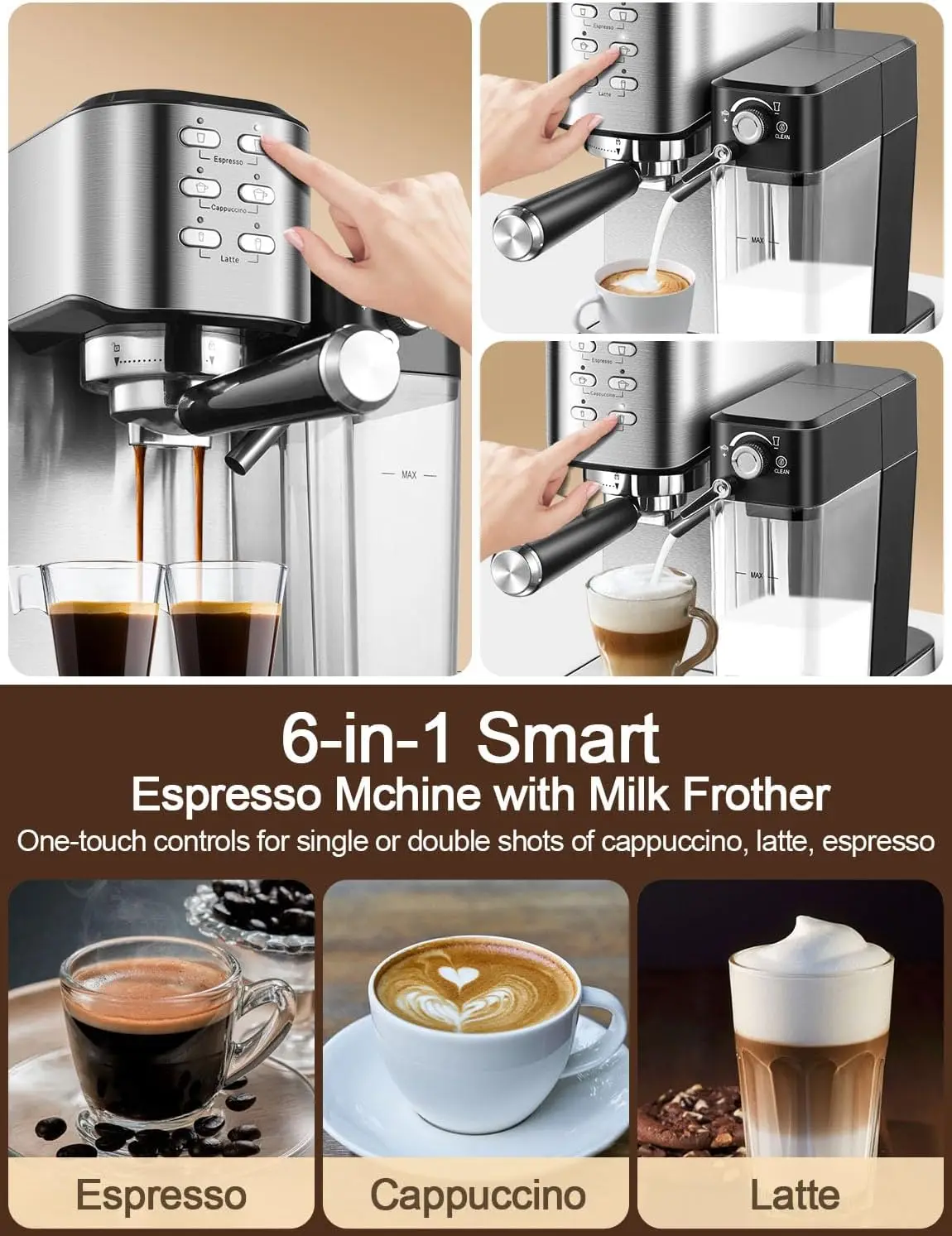 6-in-1 Espresso Coffee Machine Built-In Automatic Milk Frother,  Espresso & Cappuccino & Latte Maker with  Removable water tank 4