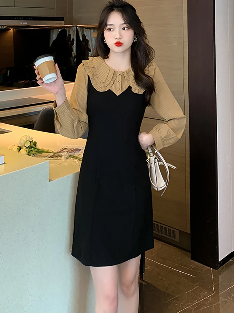 

Женское черное шифоновое мини-платье составного кроя с длинным рукавом, модель 2024 года, модное платье с оборками и кукольным воротником, элегантное облегающее платье на весну и осень