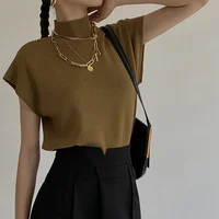 Fashion Vest Shirt Solid Stand-up Collar Knitted Sweater Short Sleeve Office Lady Loose Elegant All-Match Straight Tops - Image 5