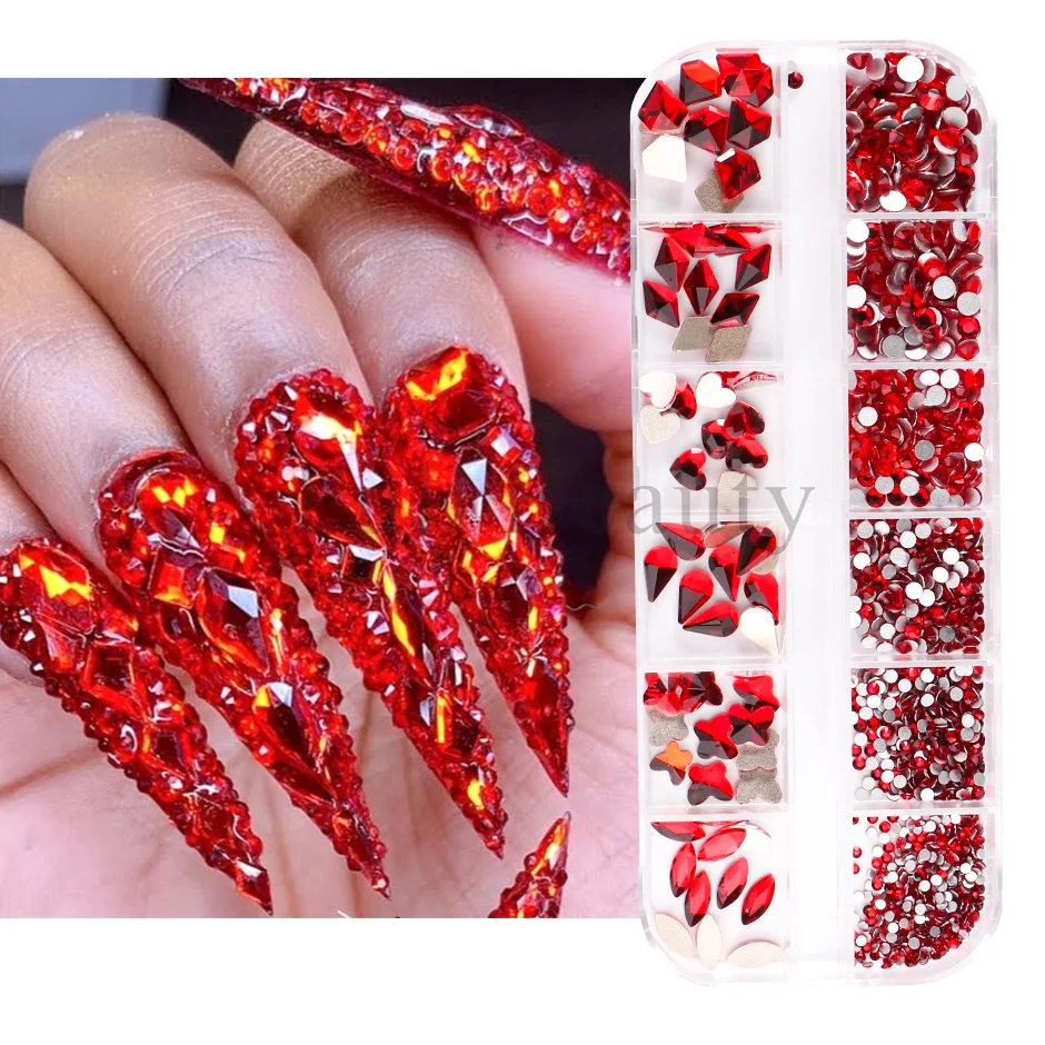 735 Pieces Red Nail Rhinestones for Acrylic Nails Red Stones for Nails  Crystals 3D Nail Diamonds Art Decoration Crafts DIY (Red) Crimson