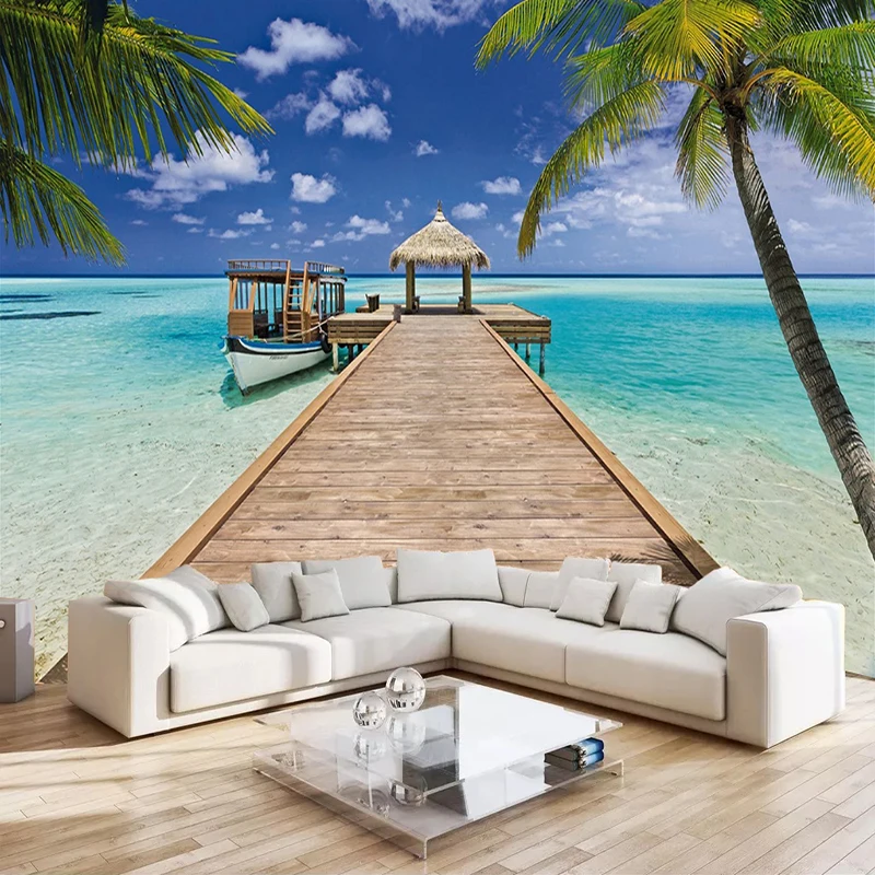 Custom 3D Wallpaper Large Mural Summer Beach Wooden Bridge 3D Photo Wall Papers Home Decor Living Room Decoration Wall Painting