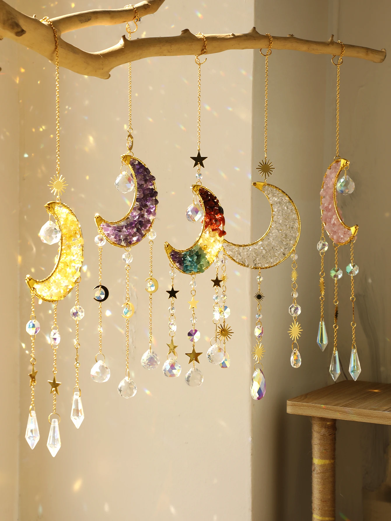 Moon Star Crystal Suncatcher Hanging Decoration Rainbow Maker Natural Stone Light Catcher for Window Outdoor Room Ornament Gift