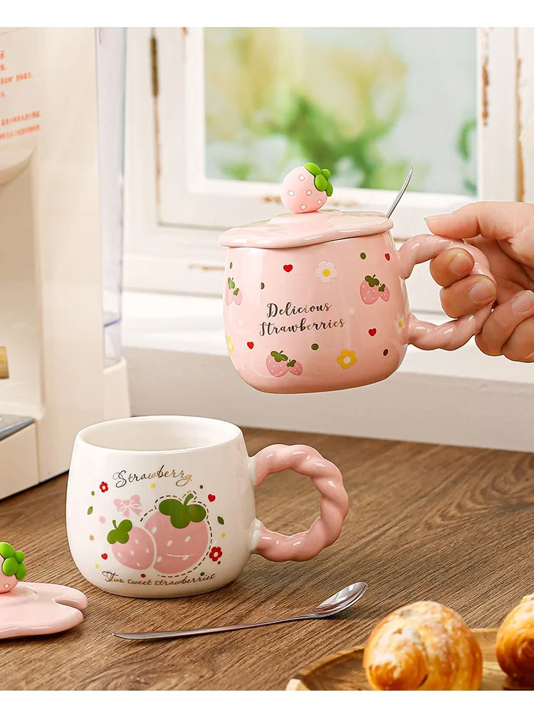 Cute Strawberry Mug Cartoon Fruit Mug Large Capacity Water Cup High Appearance Level Girls Breakfast Cup Home