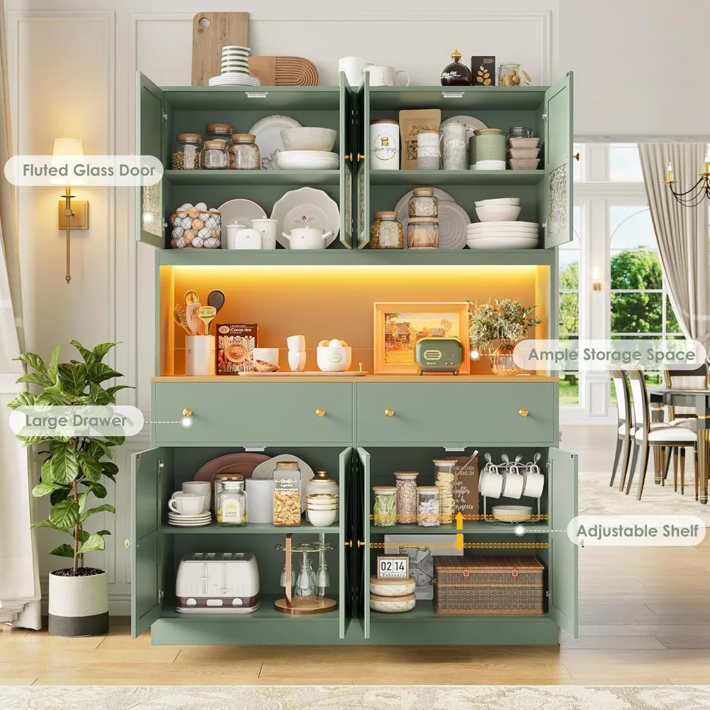 71" Pantry Cabinet with LED Light and Charging Station, Farmhouse Kitchen Pantry Cabinet with Microwave Stand, Customized 4