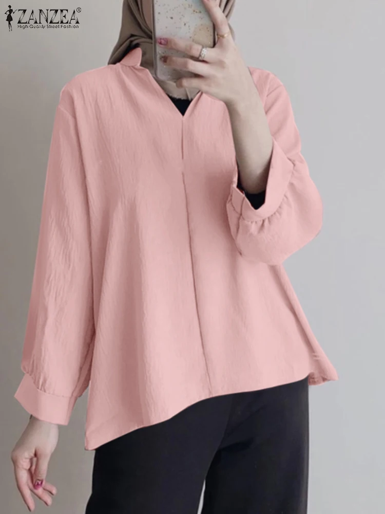 

ZANZEA Autumn Elegant Solid OL Work Shirt Stylish Women Blouse Female Party Holiday Tops Casual V Neck Long Sleeve Muslim Blusas