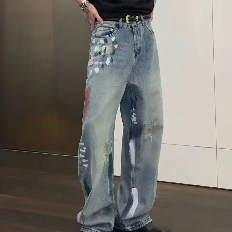 Autumn Graffiti Y2K Streetwear Baggy Jeans For Men Hip Hop Fashion Ripped Blue Denim Trousers Punk Straight pantalones hombre