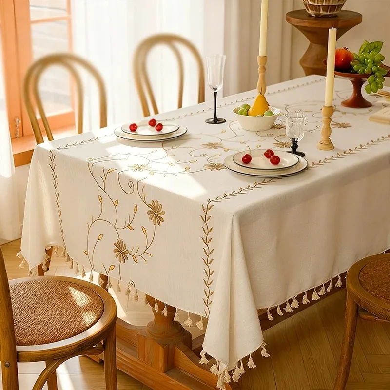 2026 כיסוי שולחן מלבני מבד כותנה ופשתן נורדי עמיד באבק, כיסוי שולחן עמיד במים רענן עם רקמה לשולחן אוכל C01