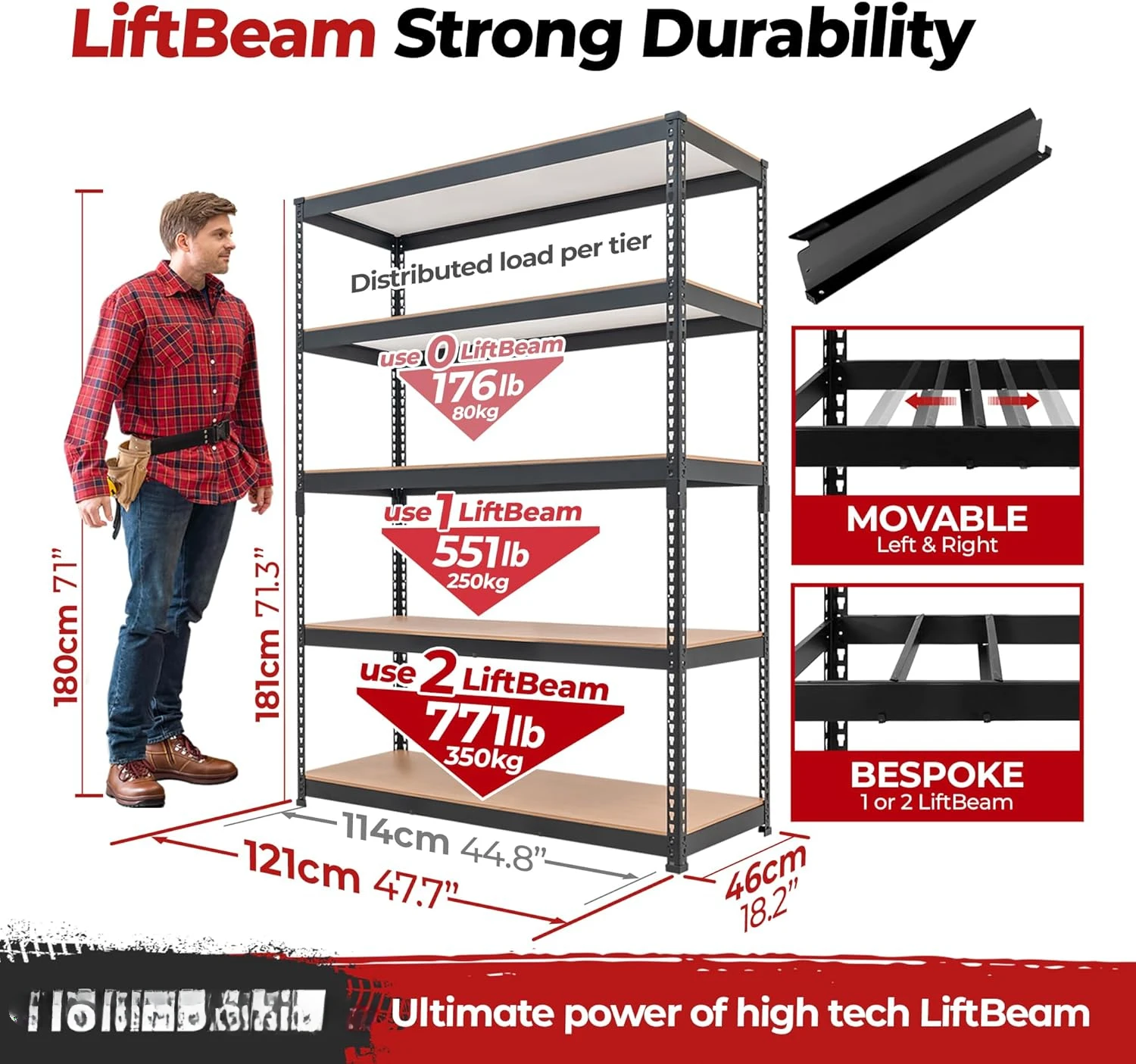 5-layer heavy-duty metal shelf, adjustable width size, suitable for warehouse, garage, 47.7 "wide x 18.2" deep x 71.3 "high 2