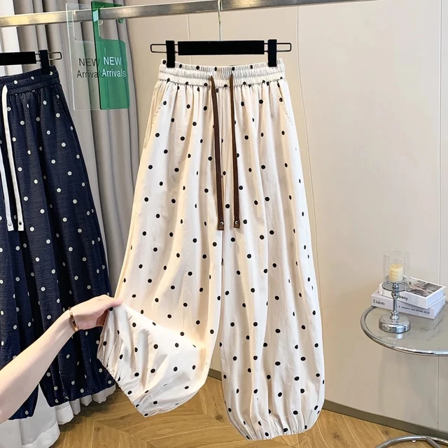 2026 summer cotton linen polka dot trousers Women's Loose Wide leg versatile nine point Harem Pants Korean version Lantern Pants 2