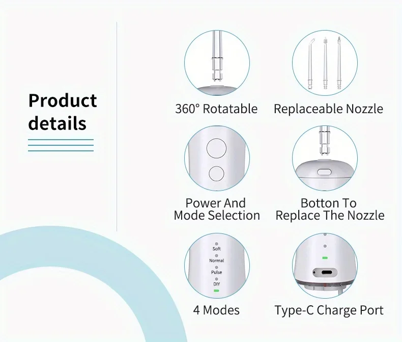 Description Picture 6 of itemOral Irrigator Portable Dental Water Flosser USB Rechargeable Water Jet Floss Tooth Pick 4 Jet Tip 350ml 4 Modes IPX7