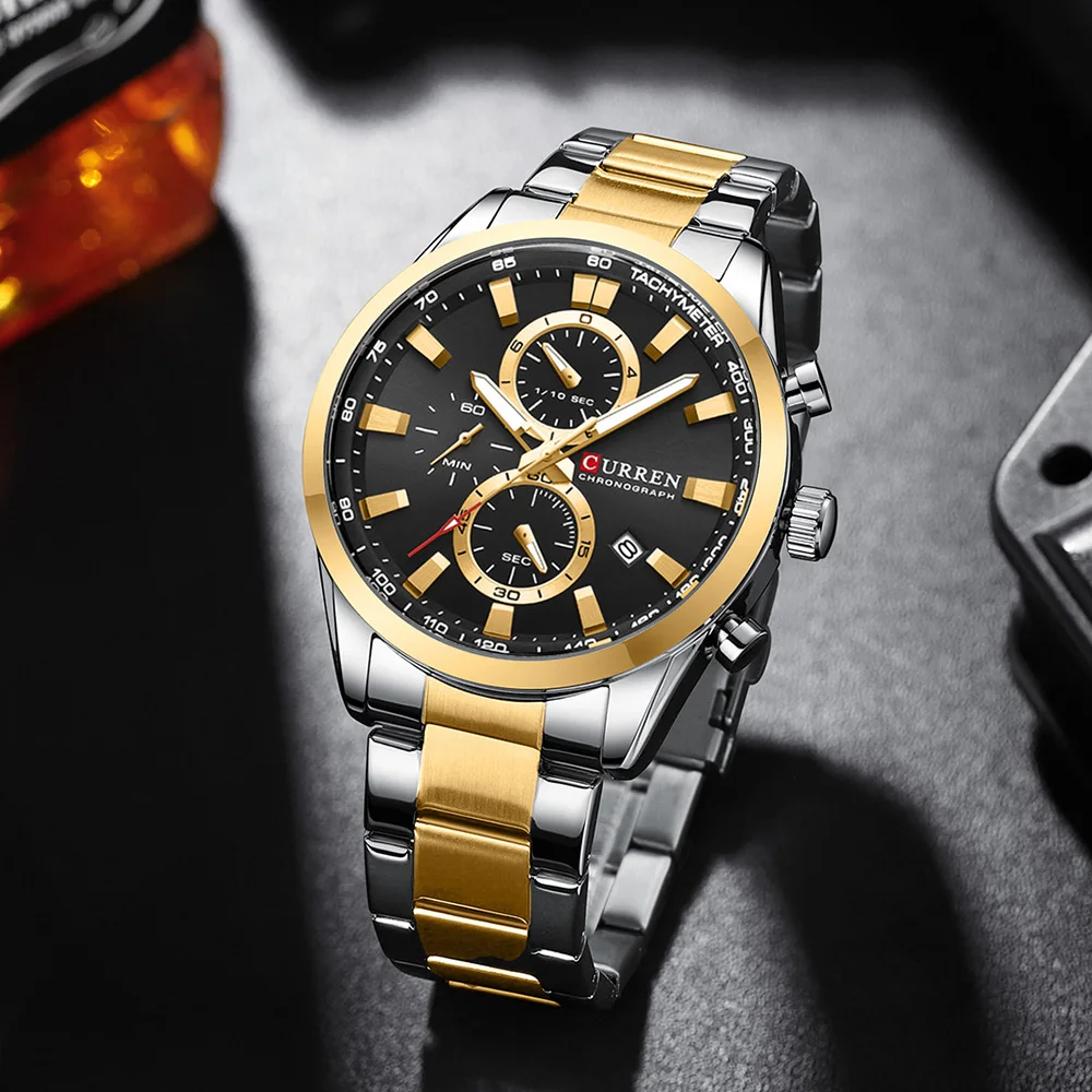 CURREN ležérní sporty značka nerez ocel pás wristwatches pro muži nový chronograf křemen hodinky s datle 8445