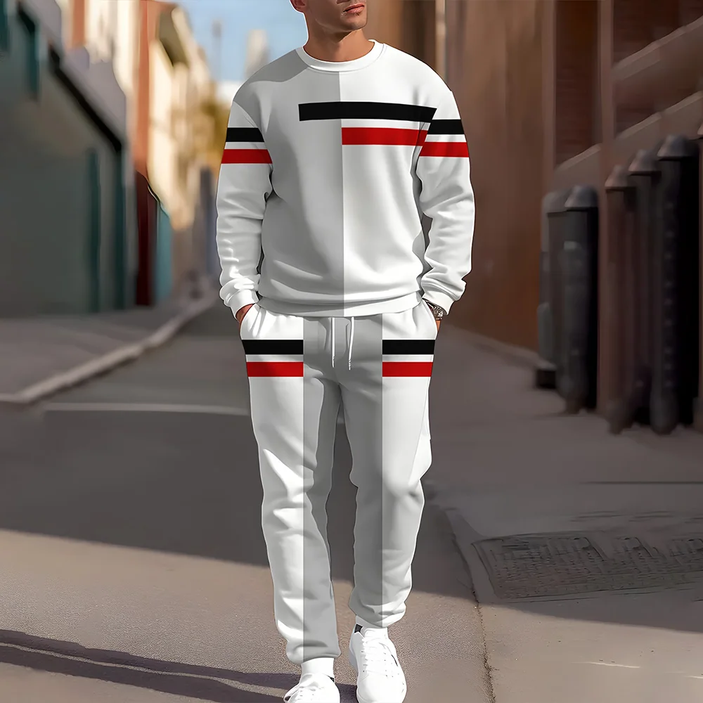 Autumn Men's Long Sleeve Pullover Sweatshirt 2 Piece Outfits Striped Print TShirts Tracksuit Set Drawstring Waist Pant Sweatsuit sports set tracksuit set outdoor suit set sweater set