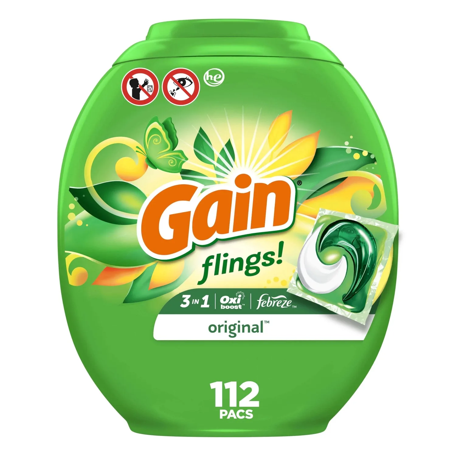 Flings Laundry Detergent Packs with Oxi Boost and Febreze, Original Scent, 112 Count
