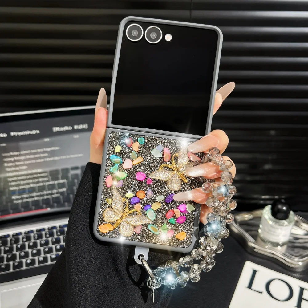 Luxury Full Diamond Phone Case with Colorful Butterfly and Wrist Strap - Shockproof Bling Cover