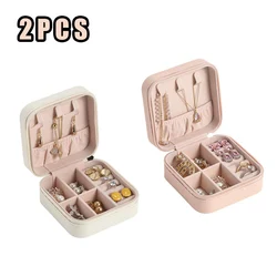 Compact Leather Travel Jewelry Organizer Box - Mini Storage Case for Earrings, Necklaces, and Rings (Pink White)