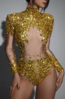 Sparkly Gold Silver Rhinestone Sequin Stretch Bodysuits 2025 New Women Birthday Party Nightclub Dancer Stage Performance Costume