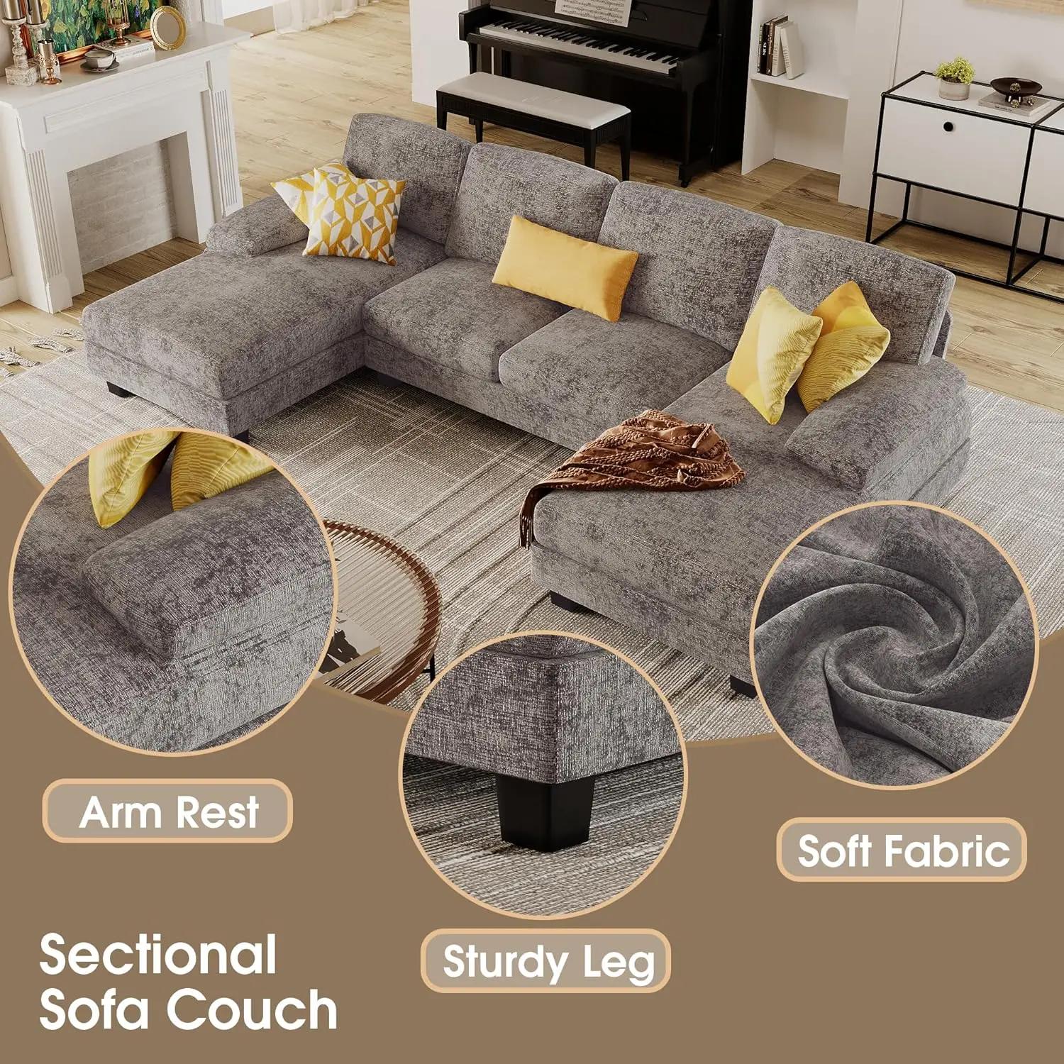 Furmax Sectional Couches For Living Room, U-Shaped Sofa Couch With Linen Fabric, 4 Seat Sofa Set With Double Chaise For Apartmen