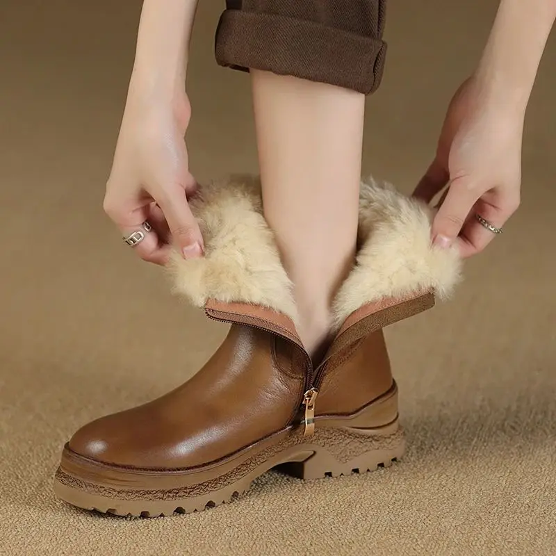 

Winter Snow Boots Warm Fur inner Women Platform Shoes Cow Leather Spring Autumn Botas With Zippers Female Warm Shoes Woman