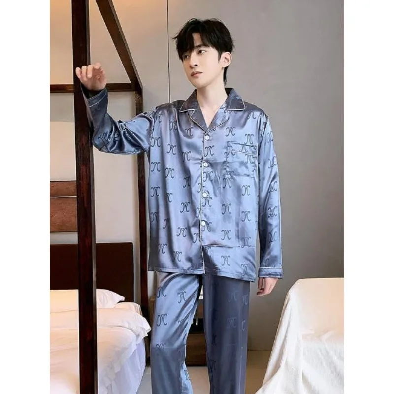 Spring Autumn Men Pajamas Long-Sleeved Trousers Lapel Cardigan Jacquard Ice Silk Male Homewear Large Size Leisure Sleepwear Suit
