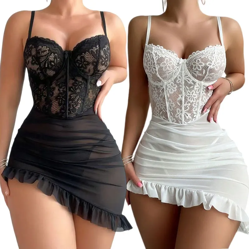 Ensemble de lingerie sexy pour femmes, robe de nuit délicate avec culotte, soutien-gorge push-up à armatures, soutien-gorge transparent et string.