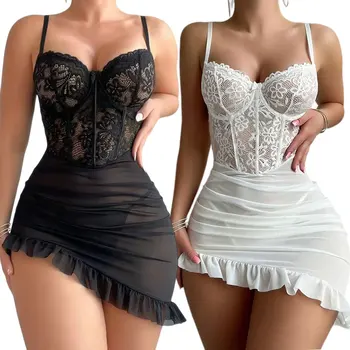 Ensemble de lingerie sexy pour femmes, robe de nuit délicate avec culotte, soutien-gorge push-up à armatures, soutien-gorge transparent et string.