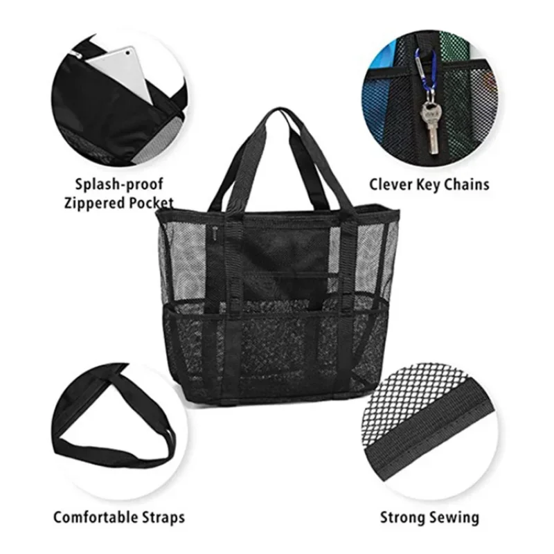 Big Size Beach Bag For Toys Waterproof Underwear Pocket Tote 8 Pockets Summer Large Towels Mesh Durable