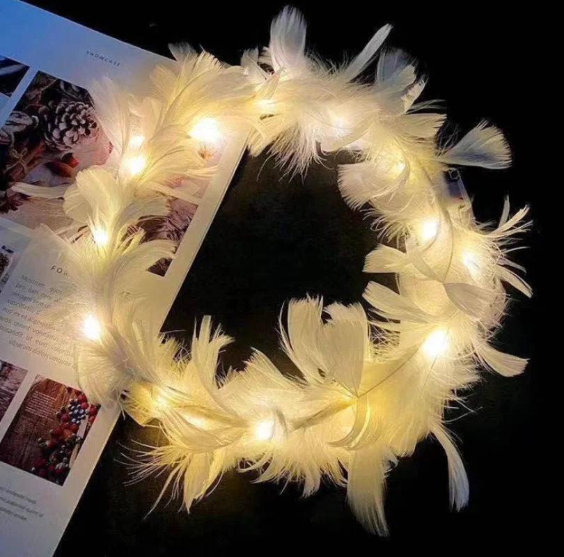Glow Headband Luminous Hair Bands Adjustable LED Light Party Favors Feather Wreath Hairband for Wedding Birthday Glow Party Hair Accessories 1pc