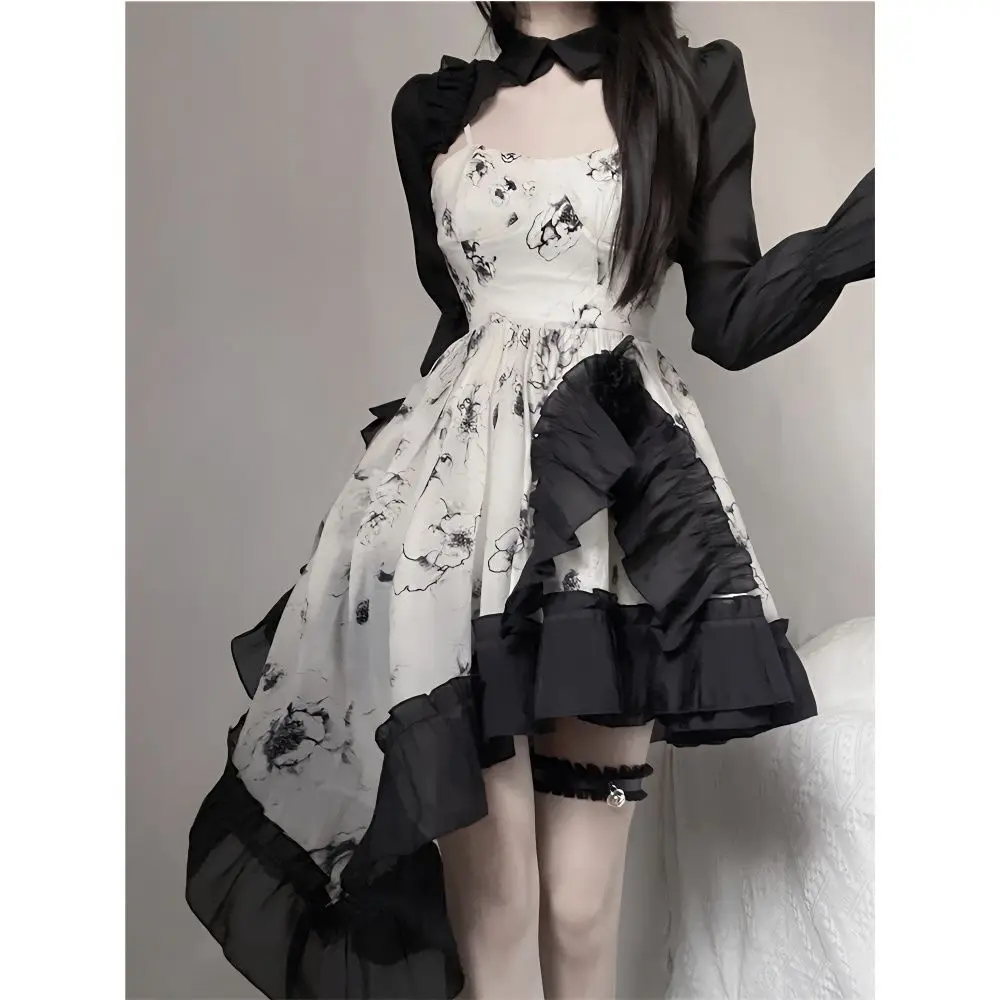 

QIWN 2023 French Vintage Gothic 2 Piece Dress Set Women Elegant Lolita Fashion Black Mini Dress Office Lady Even Party Dress